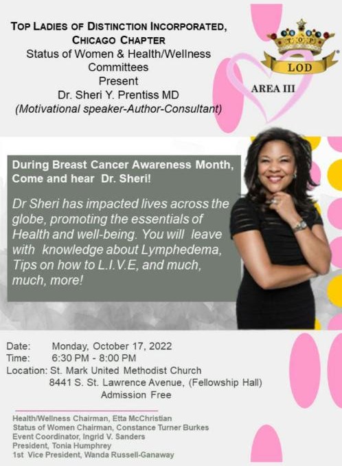 Join me on October 17, 2022, at the St. Mark United Methodist Church. Lymphedema can't ruin your survivorship when you have the knowledge and resources to detect it early! Admission is FREE! #drsheri #drsherimd #lymphedema #lymphedemaawareness #lymphedemaprevention