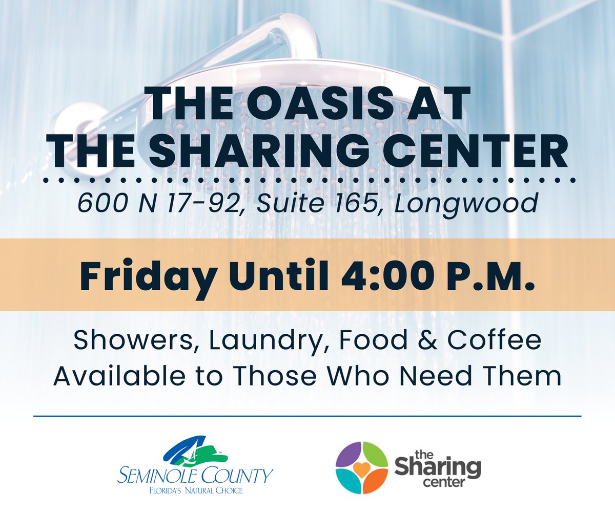 seminolecounty's tweet photo. SERVICES AVAILABLE: The Oasis at The Sharing Center will be open today until 4:00 p.m. for those in need of laundry services and hot showers. Hot coffee and food assistance will also be available.
📍 600 N 17-92, Suite 165, Longwood https://t.co/fy2qjwK3YL
