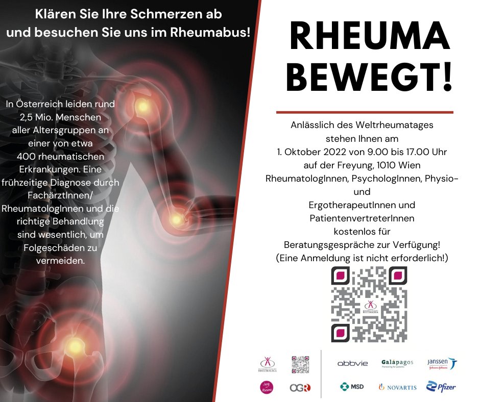 Am morgigen Weltrheumatag haben Patient*innen mit rheumatischen Beschwerden die Möglichkeit sich von Expert*innen auf dem Fachgebiet beraten zu lassen. Nutzen Sie das Angebot und kommen Sie zum Rheumabus in Wien!#rheumaliga #rheumabewegt #ögr #oegrr #weltrheumatag #jungundrheuma
