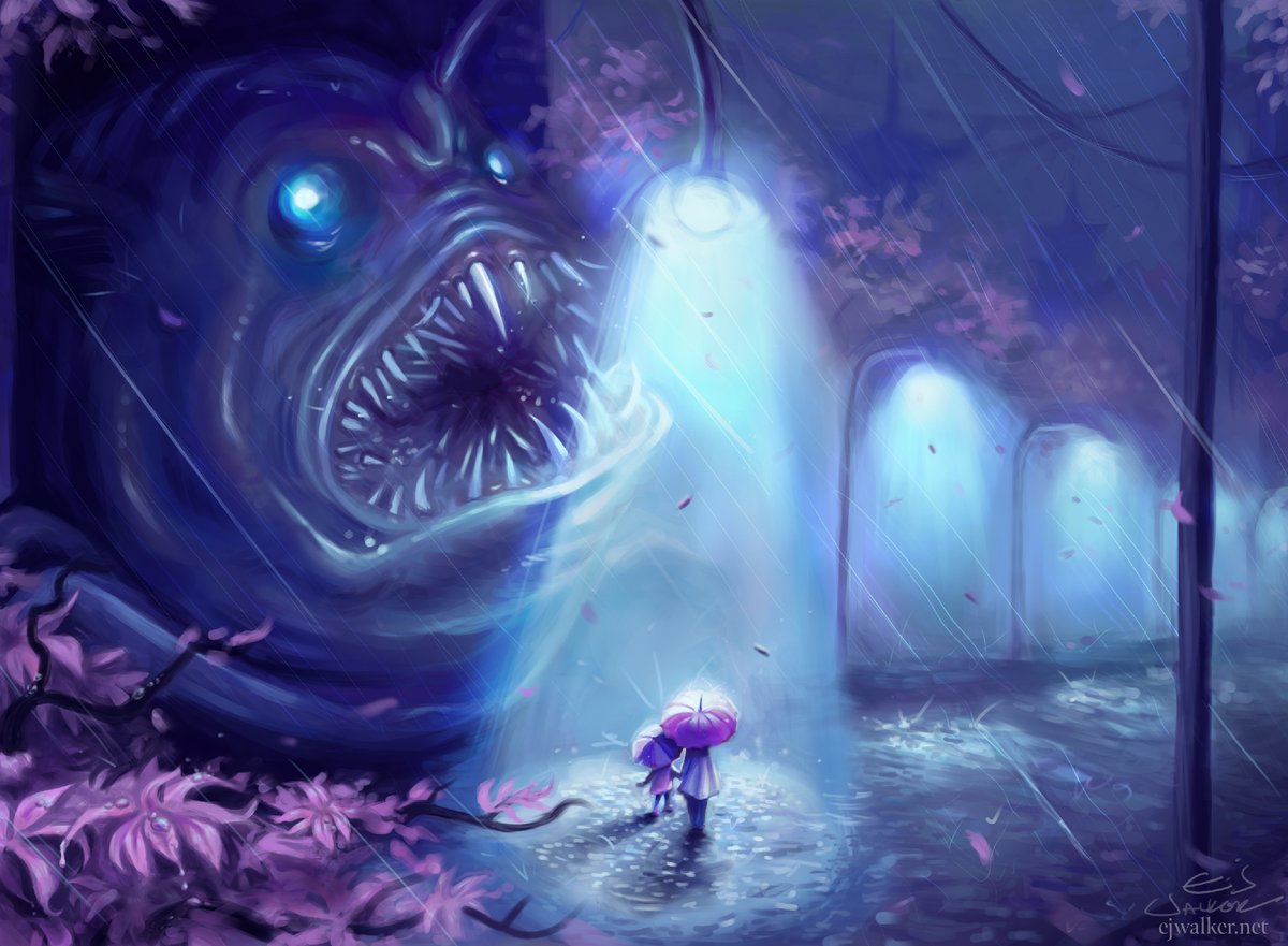 Even though I almost never post, I'm still an #ArtistOnTwitter, and here is a city monster I painted. 😱☔️