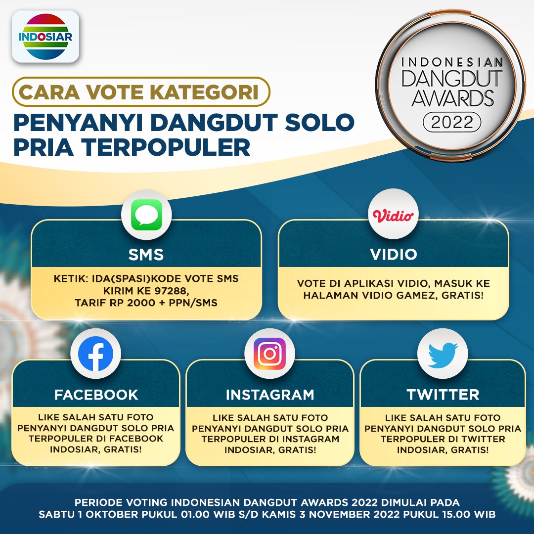 Indosiar's tweet photo. Like postingan ini untuk dukung Indy Gunawan di kategori PENYANYI DANGDUT SOLO PRIA TERPOPULER di #IndonesianDangdutAwards2022! Geser untuk cek syarat &amp; ketentuan, ya! 

#IndonesianDangdutAwards2022 #IDA2022 https://t.co/KNoYGtZX4K