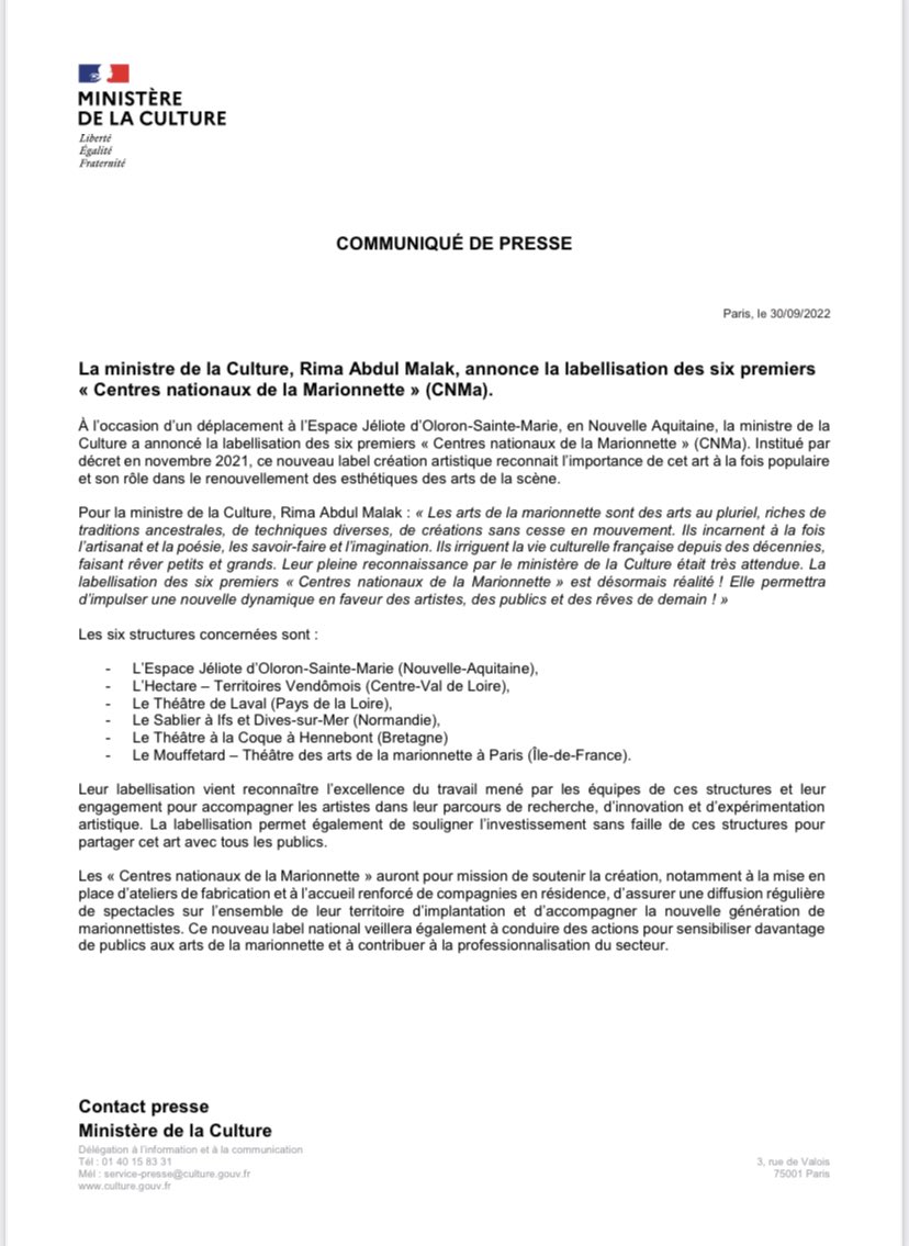 Bravo à l’équipe du Théâtre de Laval ! Nous trouvons dans ce label (CNMa) un réseau, et la reconnaissance de notre engagement pour la marionnette, cet art millénaire et populaire, qui se renouvelle et expérimente, en gardant intacts la poésie et le rêve.
