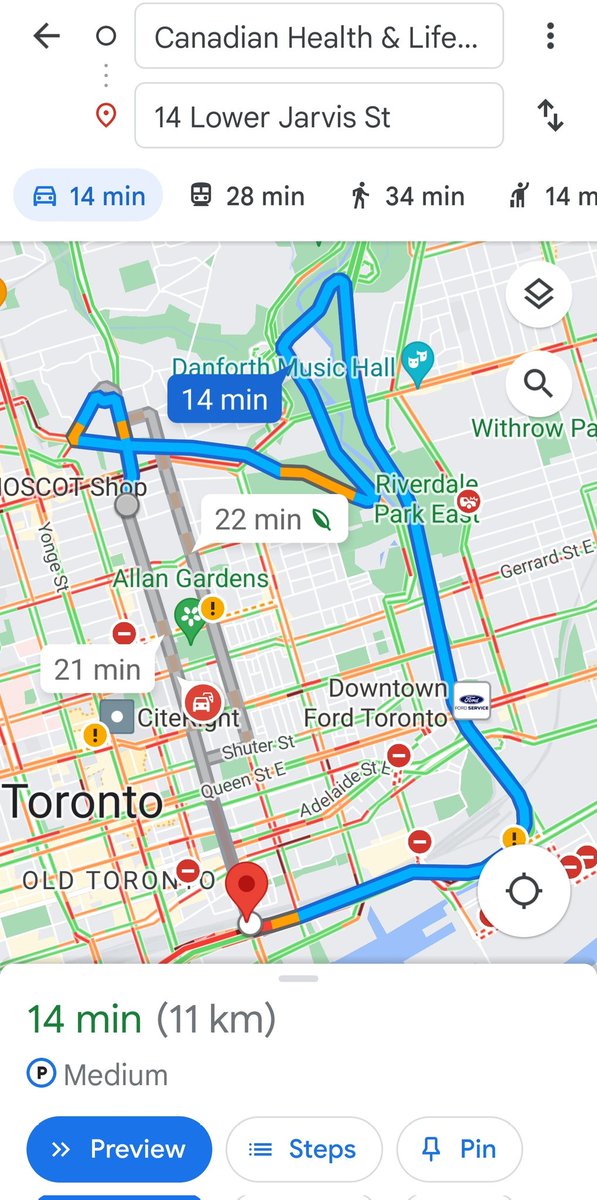 SteveBilicki's tweet image. Peak Toronto: remember when the Jarvis bike lanes caused traffic to increase by 2-3 minutes? Now, the fastest route at 2pm to go 2.7km is to completely avoid the street, get on the highway and travel 11km. 

#ActiveTO #PoliTO