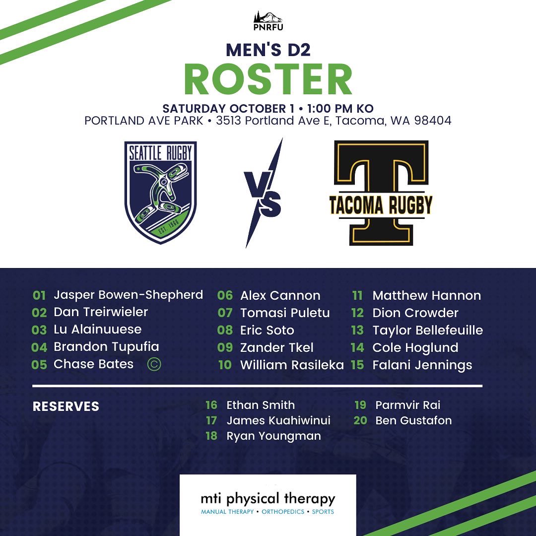 SeattleRugby's tweet image. 🚨Oct 1 Match Rosters🚨

Another week of travel for the Men as our @bcrugbyunion team heads back across the border to play @VanRowClub1886 and our PNRFU team go South to face @TacomaRugby 

Our fans at home can catch the PNRFU clash at Portland Ave Park in Tacoma at 1pm!