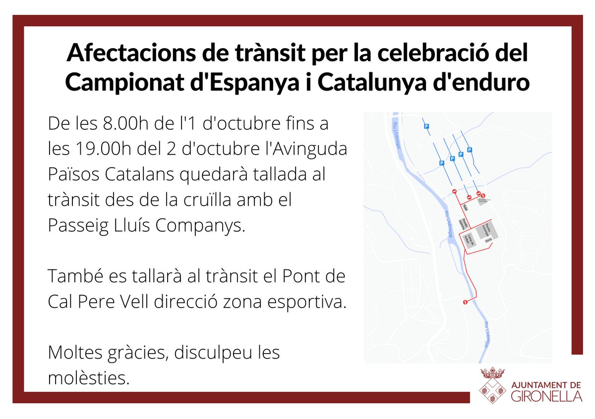 AjGironella's tweet photo. 📢 Aquest cap de setmana se celebra el campionat d'Espanya i Catalunya d'Enduro, i hi haurà afectacions de trànsit a la zona esportiva 👇 https://t.co/4TgACKGeeg