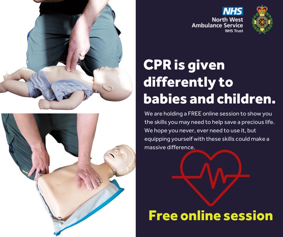 CPR is given differently to babies and children. We're holding a FREE online session to show you the skills you may need to help save a precious life. 
Thursday 13 October, 10:30am, joining instructions/information below:
nwas.nhs.uk/news/learn-how…