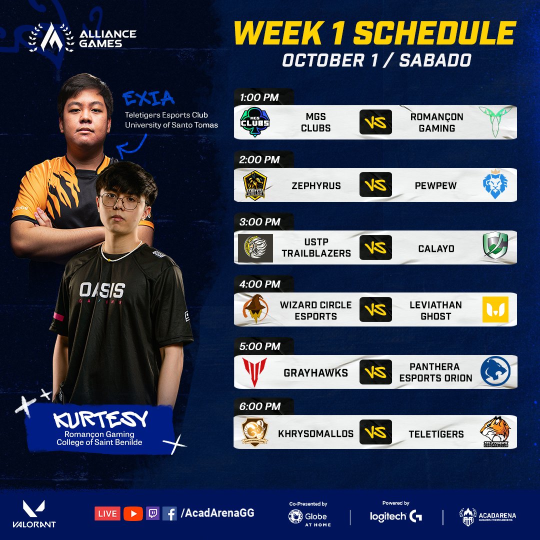 acadarena's tweet photo. 🔥 #ALLG? HERE COMES THE PARTY!

Our VALORANT campus teams are ready for the opening day!

Watch the Alliance Games LIVE this Saturday, OCTOBER 1 🎥

Co-presented by @enjoyglobe
Powered by @logitechg

#NotJustPlay 🇵🇭 https://t.co/V4pKhHvvqr