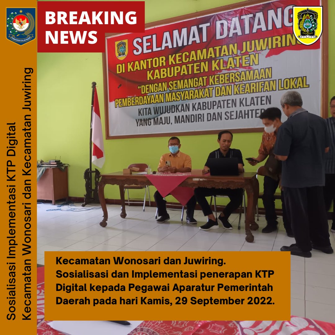 dukcapilklaten1's tweet photo. Sosialisasi implementasi KTP Digital pada hari Kamis, 29 September 2022 dilaksanakan secara bertahap oleh seluruh pegawai dan Pejabat ASN dari Kecamatan Wonosari dan Kecamatan Juwiring. https://t.co/K6JQtCJKyt
