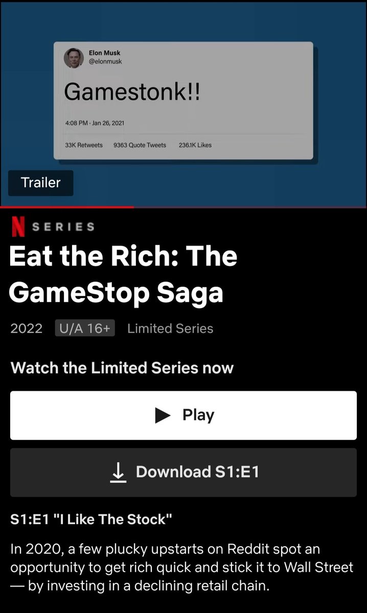 ⏩New web series and movies have been released on OTT this week 👍But if you have @netflix do watch 'Eat The Rich : The Gamestop Saga' very interesting #Gamestop $GME