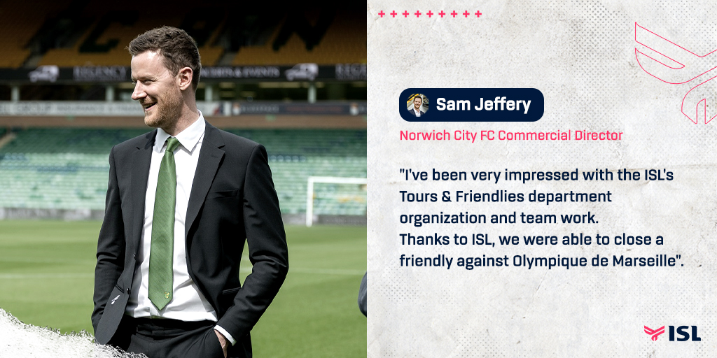 ISLAgency's tweet photo. We’re getting used to making a good first impression! ✅

We appreciate your kind words Sam! We hope for many more friendlies to come with Norwich City FC 🔜 🙌

#ISL #WeAreISL #TeamISL #marketing #sportsmarketing #sportsevents #NorwichCityFC #OlympiqueDeMarseille #Friendlies https://t.co/r1OeF9QP6r