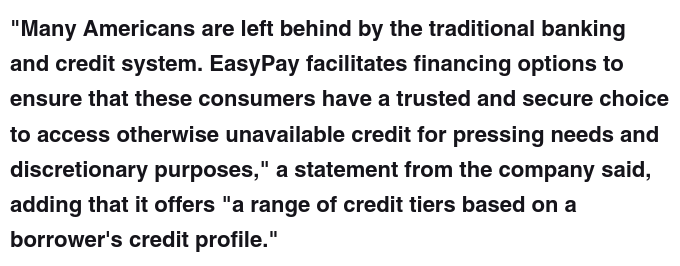 doctorow's tweet photo. #PredatoryInclusion, defined.
(Statement from an finance company that makes 200% APR loans to people buying pets)
https://t.co/TMheo6fNbT https://t.co/bhgbhFfWI0
