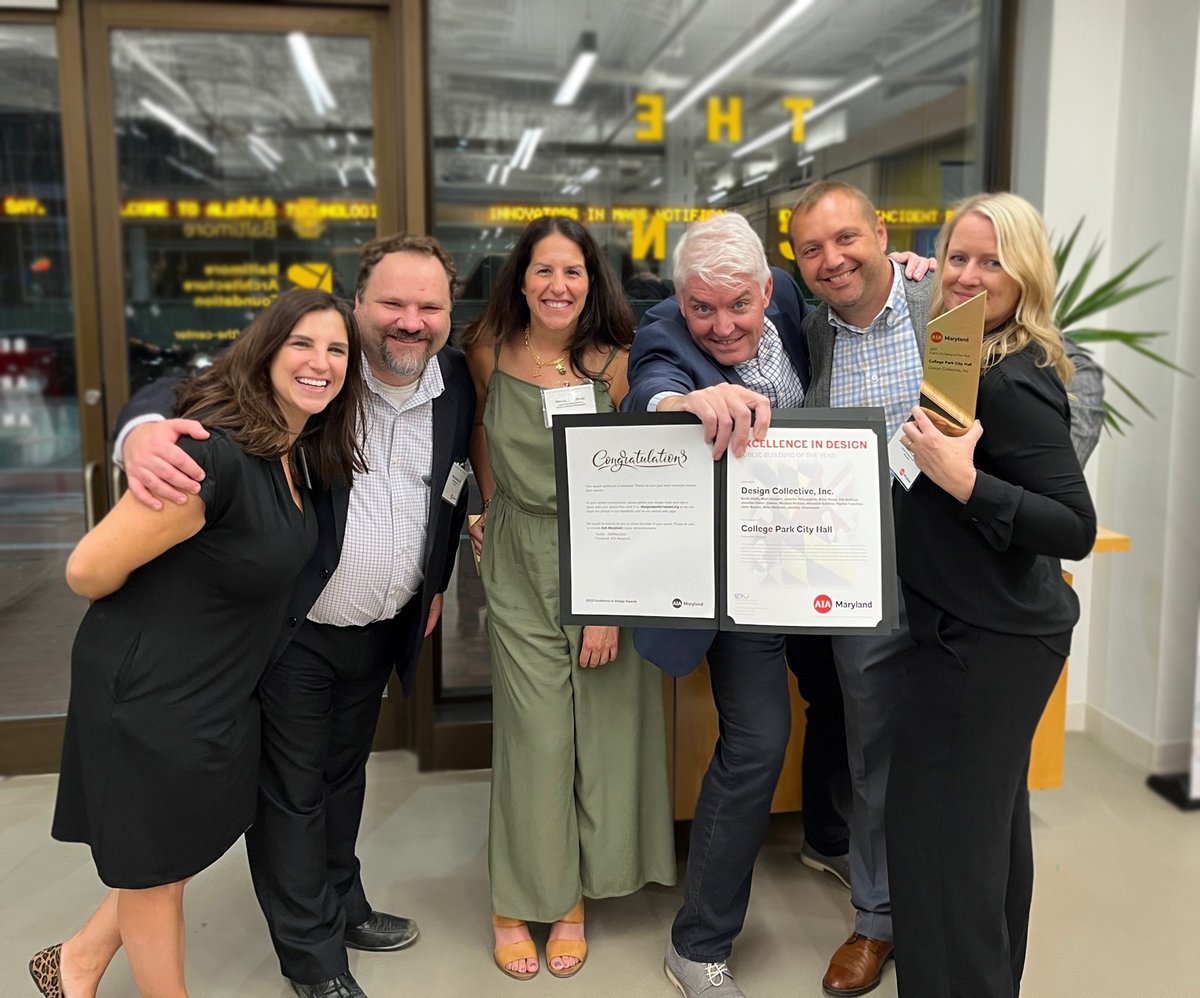 Design Collective accepted the AIA Maryland Design Excellence Award for Arrowwood (Mixed-Use Development) &amp; College Park City Hall (Institutional Architecture. College Park City Hall was also awarded the “Public Building of the Year” award! Congratulations to both teams.