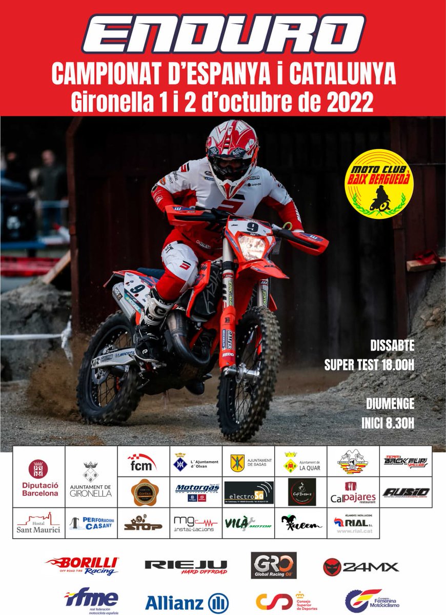 AjGironella's tweet photo. 📢 Aquest cap de setmana se celebra el campionat d'Espanya i Catalunya d'Enduro, i hi haurà afectacions de trànsit a la zona esportiva 👇 https://t.co/4TgACKGeeg