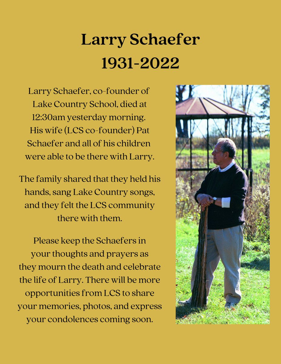 LakeCountryMN's tweet photo. This week, the entire Lake Country School community is mourning the loss of our co-founder Larry Schaefer. https://t.co/JN9EAMv1B0