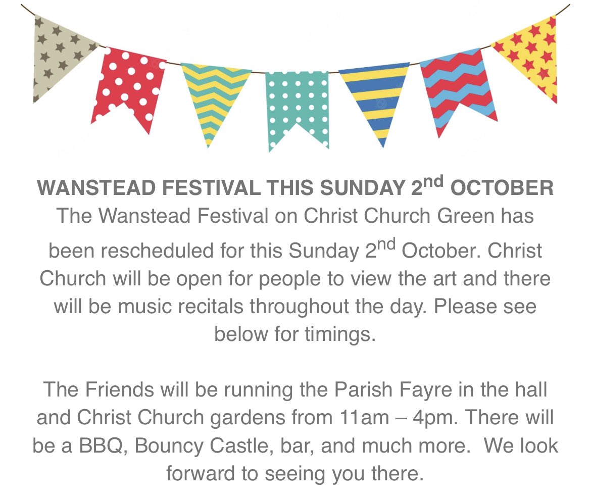 The rescheduled Parish fete is happening this Sunday as part of the Wanstead Festival. Join us for a traditional fete and BBQ, there will also be live music inside the Church all day 🎶