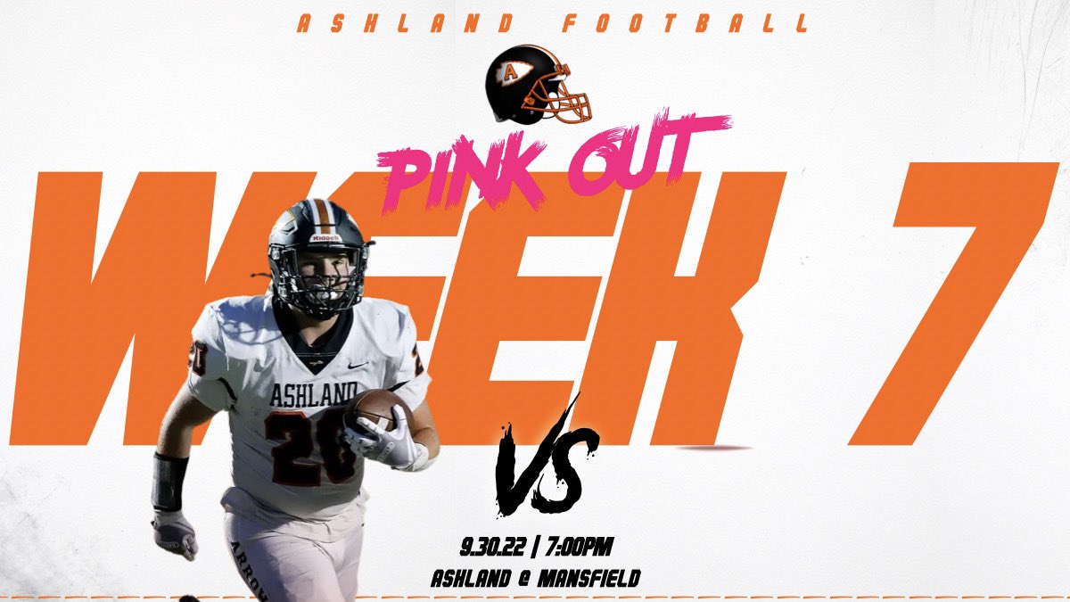 AshlandHsArrows's tweet photo. Gooooooooood morning Arrow Football! It is game day #7. The Arrows host Mansfield Senior 7pm @ Community Stadium. Don’t forget to wear your PINK tonight for Breast Cancer Awareness! #BurnTheShips #TUFF #EAT #78percent #Pink #BreastCancerAwarenessMonth https://t.co/1HPANi5zUo
