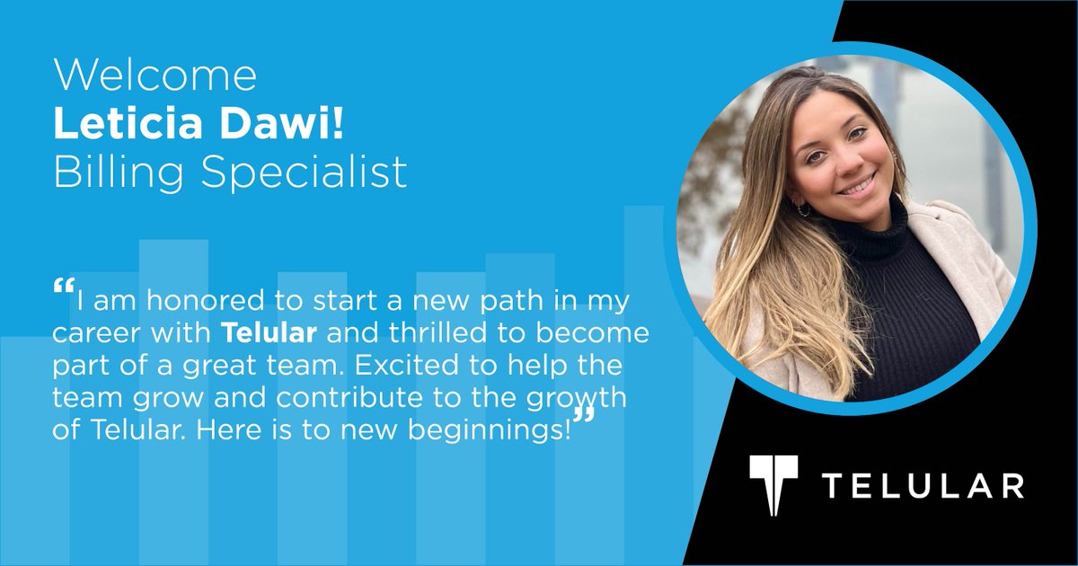 TelularCorp's tweet photo. Join us in welcoming Leticia Dawi as the new Billing Specialist. In this role, Leticia will be responsible for product billing across all business verticals including, Telguard and SkyBitz. Welcome to the team, Leticia!
#employeespotlight #accounting #winningteam https://t.co/Y4lMUgDzqU