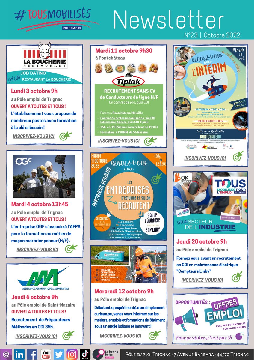 Gaelle_Bzh's tweet photo. 🆕 La #Newsletter du #poleemploi de #Trignac est sortie 🚀
📢 Découvrez l'agenda #Emploi interactif du mois d'octobre 2⃣0⃣2⃣2⃣ et les nombreuses opportunités de notre territoire 👍
🌐 Vous informer, vous inspirer, vous rendre service 👏👏
#OnEstLàPourVous #TousMobilises https://t.co/0Z6NHWW3AT