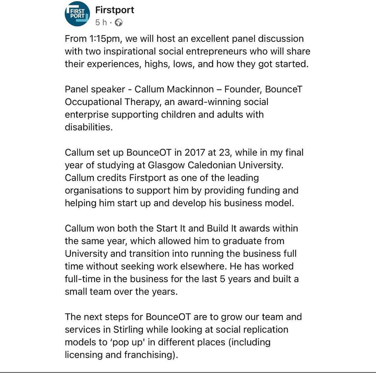 bounceot's tweet photo. @CallumMackOT will be speaking about his journey setting up @bounceot as part of a panel with @Firstport in a few weeks in #Stirling 

#socialenterprise #OccupationalTherapy 

@StirVolunteer @clacksCTSI @cshscp @RCOTScotEastern @OTSENetwork @RCOT_IP @ForthValleySEN @EvaEastmanOT https://t.co/qQNmrBTQS5