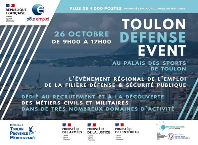 ZAMPOLINImarc's tweet photo. 🇫🇷 @pole_emploi dans le #Var:⚠️SAVE THE DATE
Mercredi 26 octobre à Toulon @poleemploi_VAR
 &amp; ses partenaires @Armees_Gouv @Interieur_Gouv
 @justice_gouv  avec @metropoleTPM
 organisent le #ToulonDéfenseEvent.
Plus #4000postes dans de nombreux métiers
civils comme militaires #PRIC https://t.co/e2l2gsfPSW