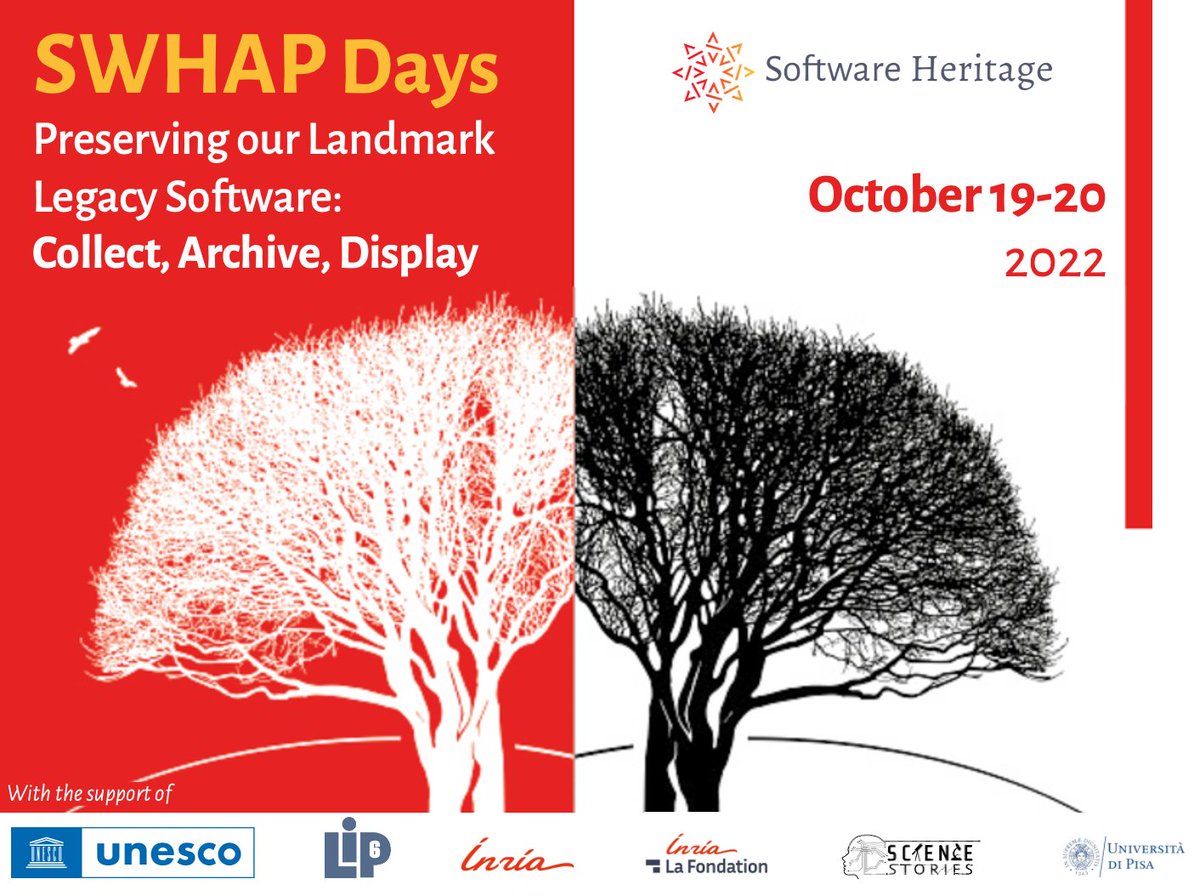 🤗We are extremely excited to announce the #SWHAPDays event: a two-day workshop to reflect on the current and future state of #softwarepreservation! 

🆓It is free and open to the public!

👉 Register now! Places are limited! softwareheritage.org/2022/09/30/ann…