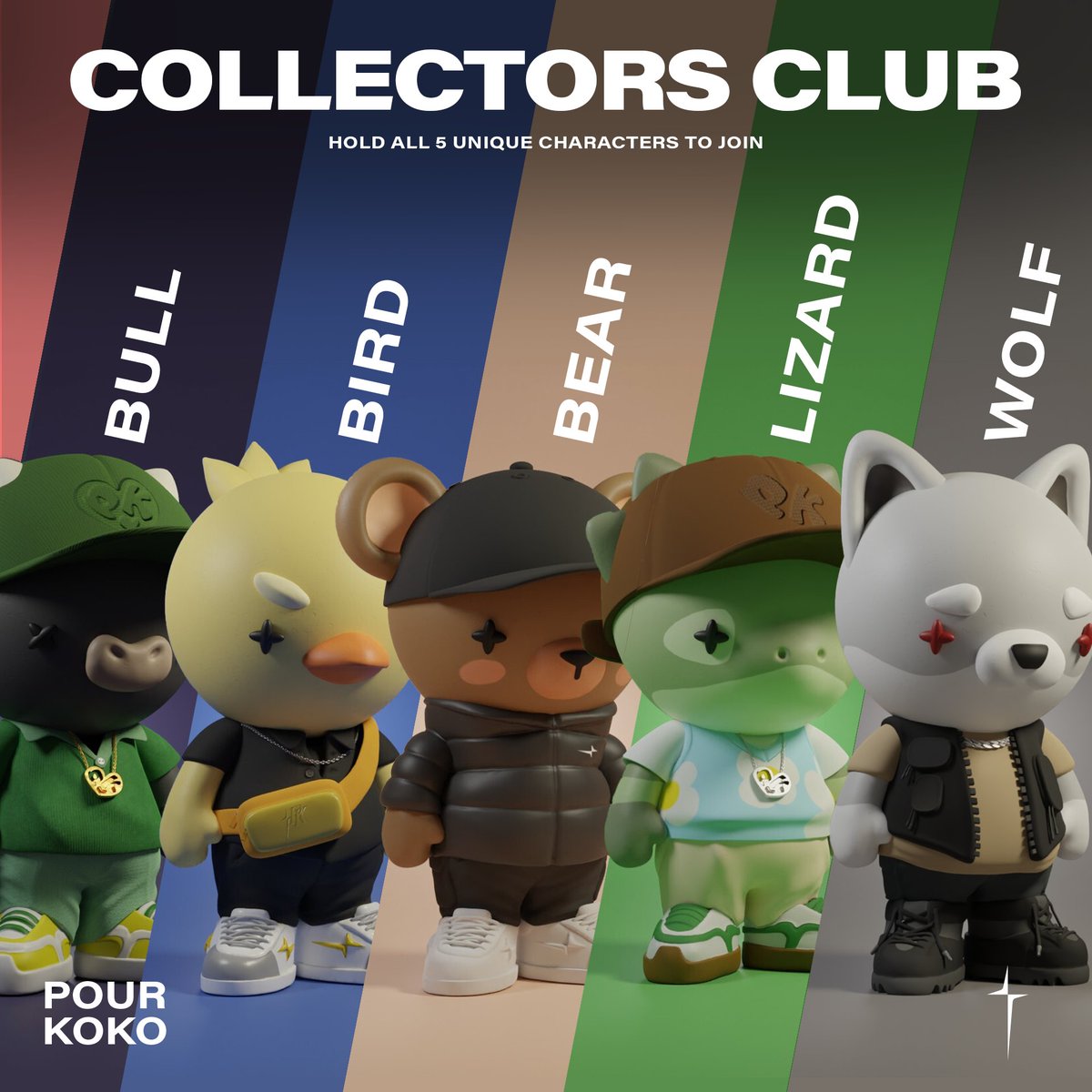 PourKokoNFT's tweet photo. POUR KOKO COLLECTORS CLUB
Members of the Collectors Club will receive access to exclusive Apparel Drops, Rare Designer Toys, VIP giveaways and more...
Collect 1 of each unique character and gain access to the Collectors Club (Bear, Bull, Wolf, Lizard & Bird)
#ETH #KOKOFAM https://t.co/SoRgkycHiF