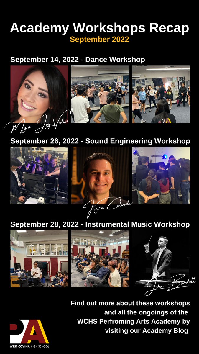 WCHS_PAA's tweet photo. We love the fact that we can bring in high quality Teaching Artists to work with our #PAAstudents. 

Our September 2022 Academy Workshop Recap highlights just a few of these experiences. 

@westcovinahs @DrParkWCHS @WestCovinaUSD @emyflores5 @WCHS_choir @WCHS_Theater @mxwongster https://t.co/bkoApU1g61
