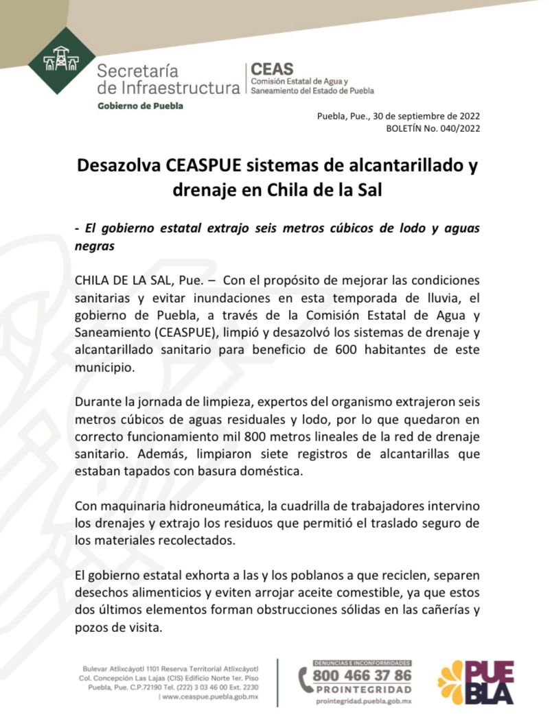 CeasPueOficial's tweet photo. #CEASPUEInforma | El @Gob_Puebla, limpió y desazolvó los sistemas de drenaje y alcantarillado sanitario para beneficio de 600 habitantes en Chila de la Sal.
Con el propósito de evitar inundaciones en esta temporada de lluvia, la Comisión extrajo seis metros cúbicos aguas negras. https://t.co/c97c2Y4GIW