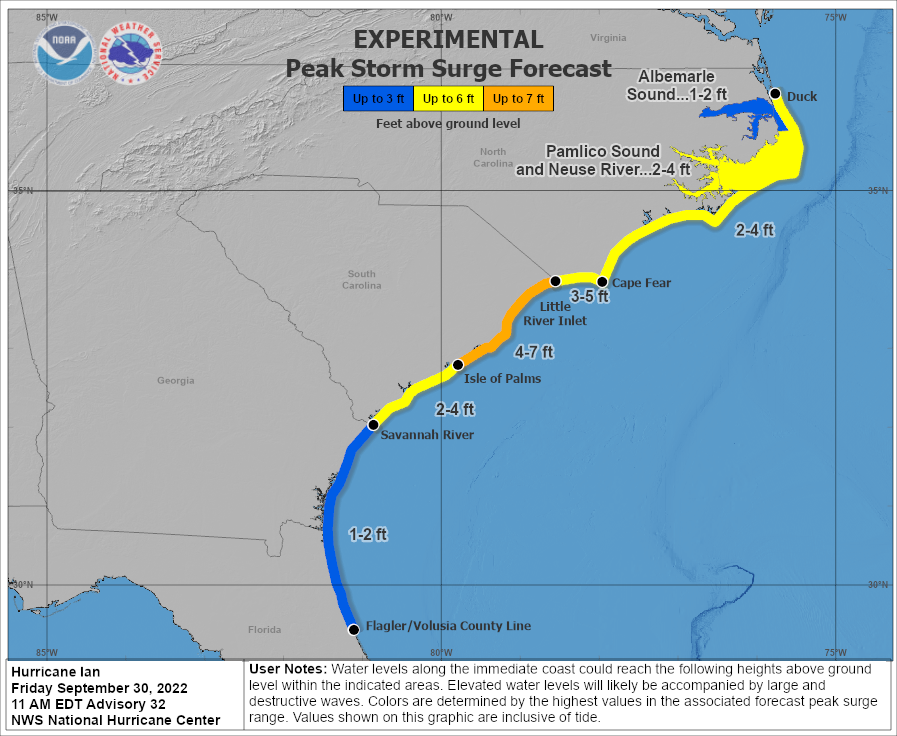 NWS's tweet photo. Hurricane #Ian will bring with it the danger of life-threatening storm surge today along the coasts of the Carolinas within the Storm Surge Warning areas.

Find and follow your local NWS forecast office at https://t.co/GWrG0hCgjd https://t.co/07KaMiv4H5