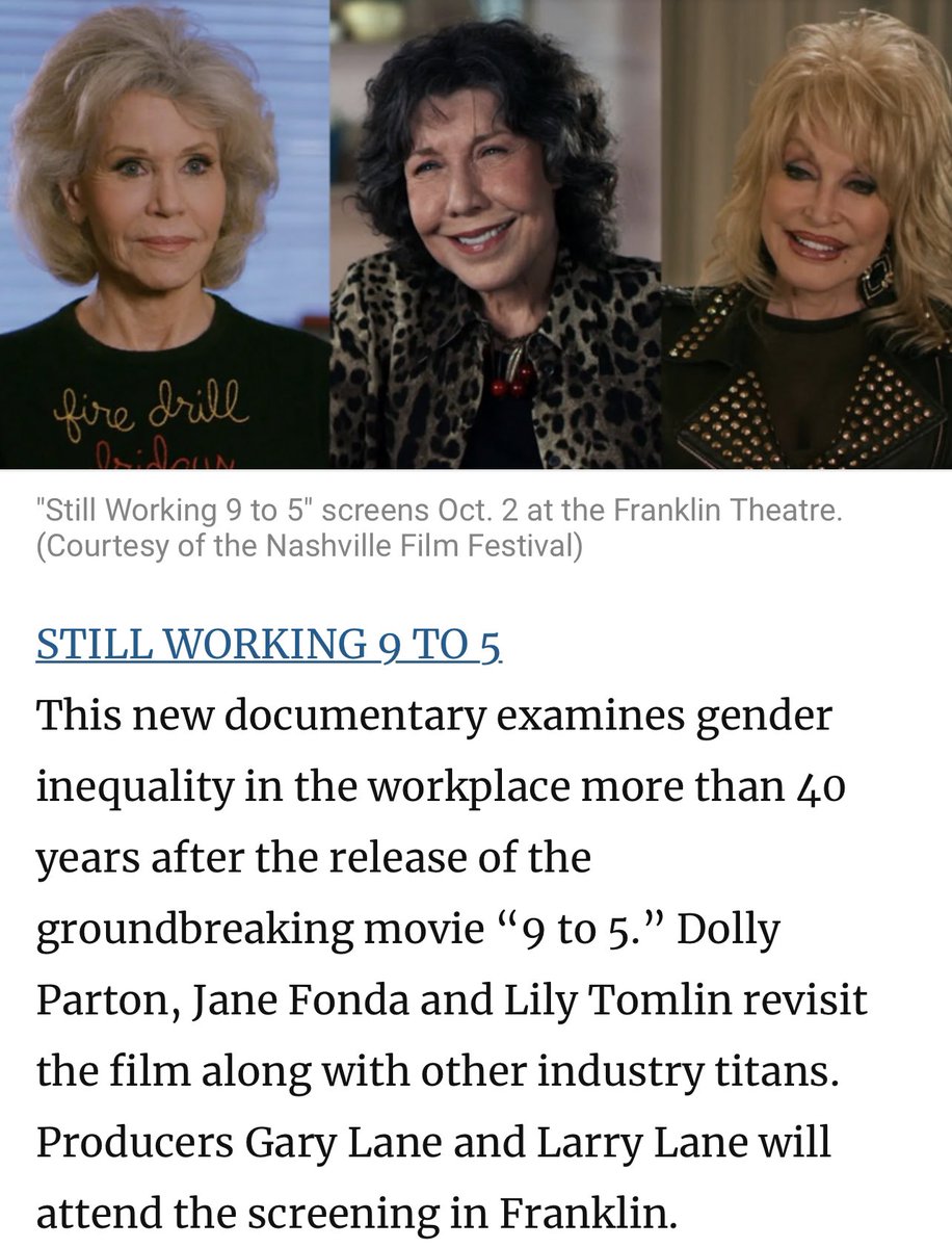 9to5documentary's tweet image. Still working 9 to 5 is screening at 53rd annual @nashfilmfest this Sunday Oct 2nd at 6pm at the Franklin Theater. We will be hosting a Q and A after! We have something pretty amazing planned with @DollyParton herself! 

Get your tickets now! 

nashfilmfest.eventive.org/schedule/6307f…