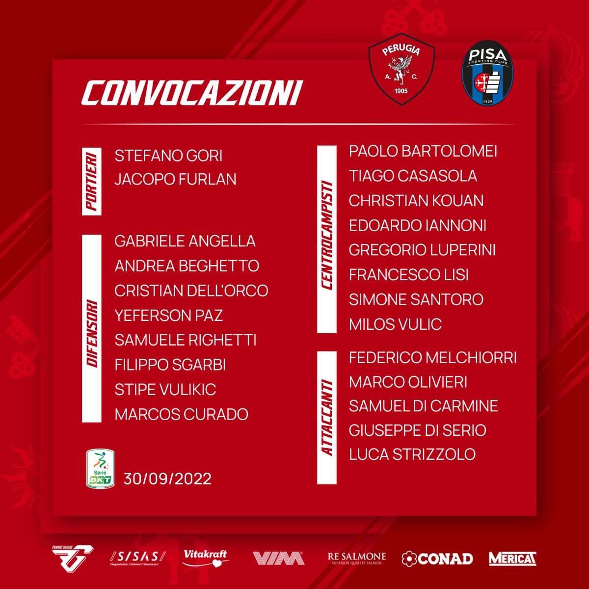 ACPerugiaCalcio's tweet photo. 📋| 23 CONVOCATI

Out #Rosi e #Matos 

#PerugiaPisa #forzagrifo @Lega_B #SerieBKT #noisiamoperugia #PERPIS https://t.co/t3WoyuKsWC