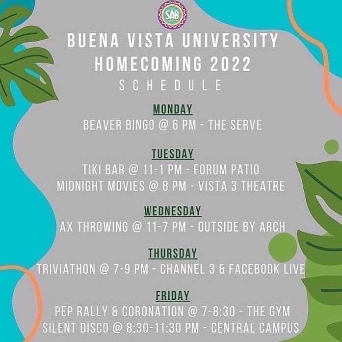 BVUSAB's tweet photo. It’s day 5 of Homecoming! Silent disco is at 8:30 but coronation is in the gym at 7. See you there. https://t.co/WN6UPsEn4b