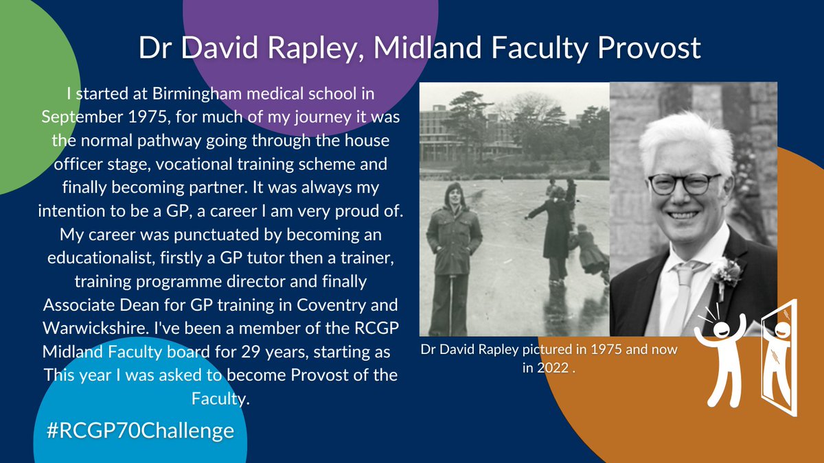 Thank you to Midland Faculty Provost, Dr David Rapley for sharing his GP journey. With an impressive 29 years on the Midland Faculty Board, starting as a rep for Warwickshire, then Honorary Secretary, Faculty Chair in 2011 and now the Provost! @MidRCGP #RCGP70Challenge