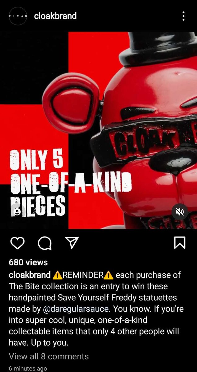 JonnyBlox's tweet photo. After deleting their tweet about the pay-to-enter giveaway for a Freddy statue that people called them out for, Cloak just posted to Instagram announcing that it's still on...?

They even dropped any mention of it being a "giveaway," but that doesn't fix the issue lmao??
1/2 https://t.co/2QRvTifp62