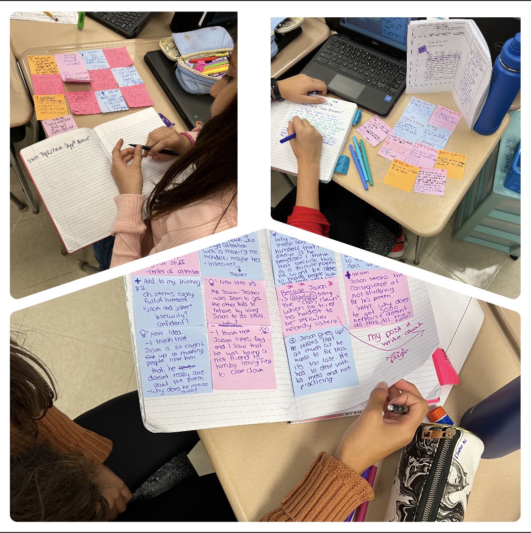 7th grade ELA doing some really great thinking today! Creating theories about our protagonist from our mentor text. #textualevidence. Taking a jot and writing long!