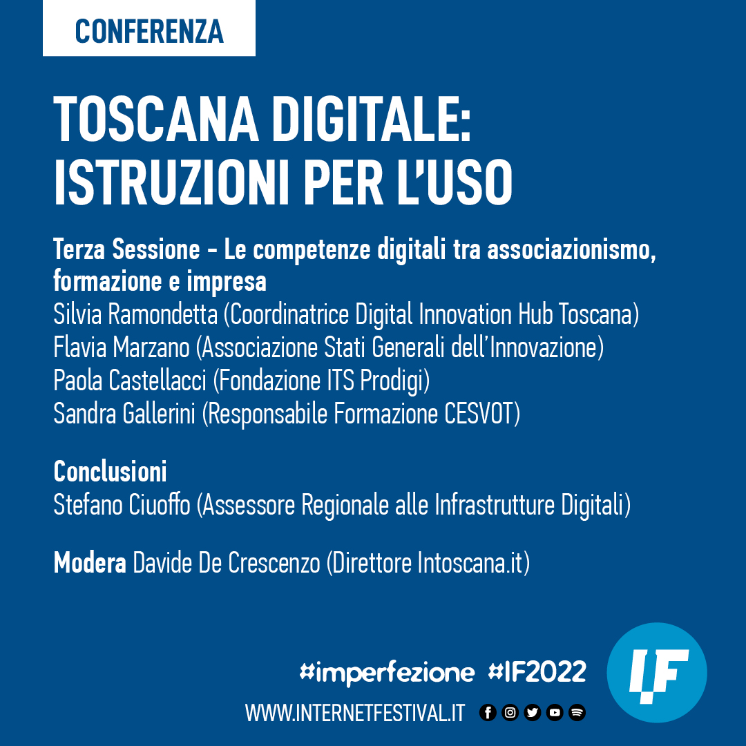 🔵 Toscana digitale: istruzioni per l'uso 
🗓 ven 7/10 | 9:30
📍 <a href="/scuolanormale/">Scuola Normale</a> a cura di <a href="/regionetoscana/">Regione Toscana</a>
Tre sessioni di interventi sulla strategia regionale e dei progetti UE dedicati alle #CompetenzeDigitali con enti, esperti e associazioni. 
✍️Prenota:
internetfestival.it/programma/tosc…