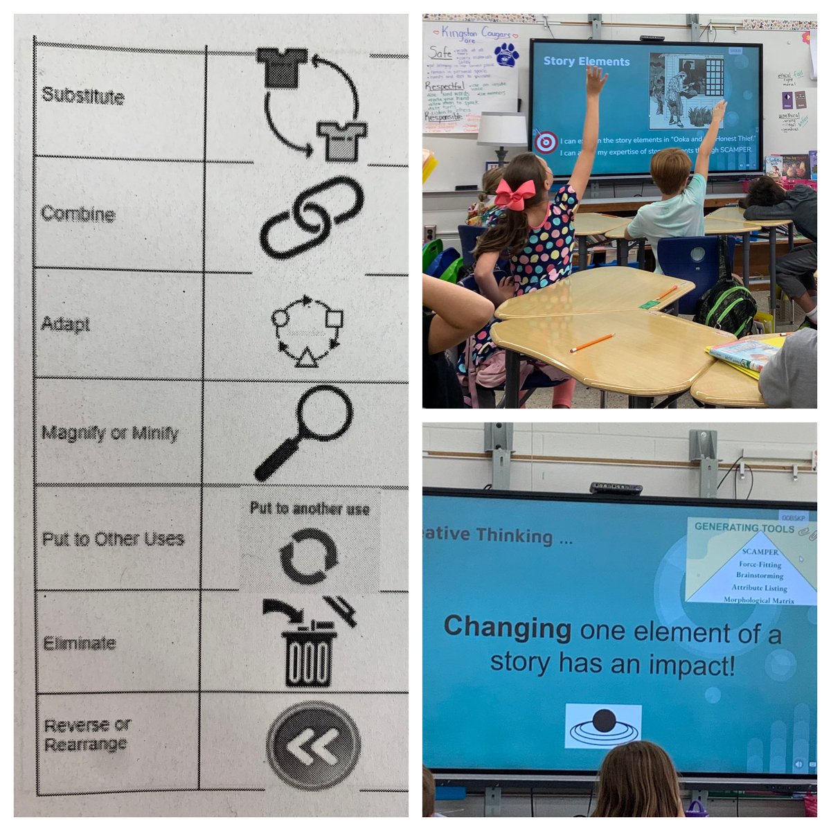 KingstonGRT's tweet photo. Co-teaching with Ms. Frisbee is always fun! 3rd graders used SCAMPER to creatively shift story elements. #JGBOokaandtheHonestThief #busyminds https://t.co/pslIfeG6fm