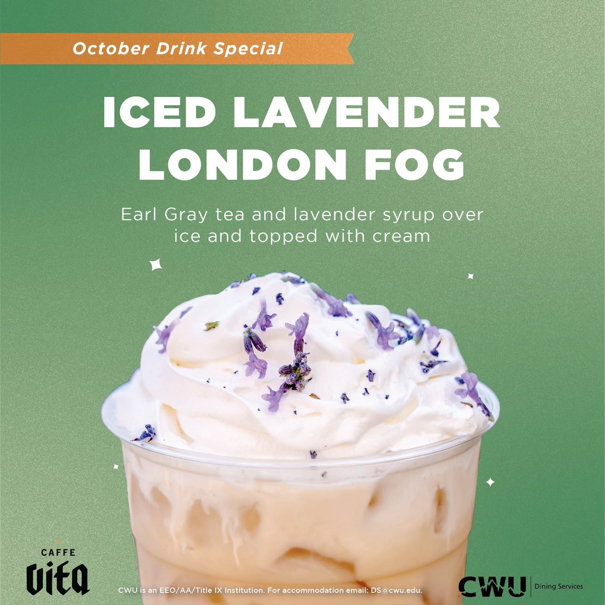 The leaves are changing and so are our monthly drink specials! Enjoy a Snickerdoodle Latte or Iced Lavender London Fog this October from any of our cafés. 

#CWUEats
