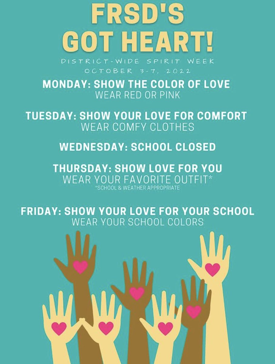 BarleySheafFRSD's tweet photo. UPDATE! Our Week of Respect spirit days have been updated. Tuesday we will wear our comfy clothes and Thursday (picture day) we will wear our favorite outfits! ♥️🐻 #GotHeart #WeekOfRespect https://t.co/3U5W6mRMDT