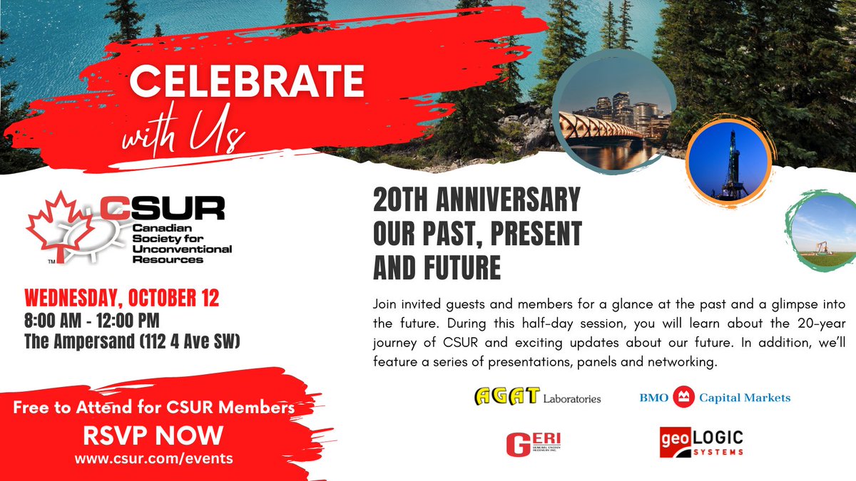 CSEEyyc's tweet image. @geoLOGICsystems has joined our party!

DON'T MISS IT and REGISTER TODAY at csur.com/events/#id=102…

Thank you @AGATLabs, @BMO Capital Markets, @geoLOGICsystems and General Energy Recovery Inc for sponsoring CSUR's 20th Anniversary event.
#celebrate #Anniversary #energy #evolving