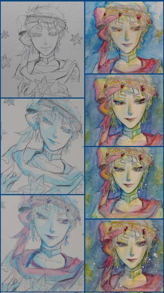 折角なので、イラストのアップとメイキング。今回使った画材を。

紙はvifArt水彩紙の細め。
ペン入れはせず、シャーペン描きのまま着色。
絵の具はホルベイン透明水彩。

コンポーズブルー
コバルトブルーヒュー
プルシャンブルー
ミネラルバイオレット 4色を中心に😊

とっても楽しかったです✨ 