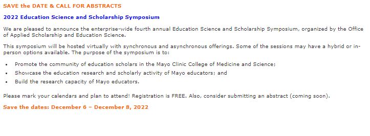 MayoFacDev's tweet photo. Have you saved the date yet? Our #MayoClinic #EdScience and #Scholarship Symposium will be December 7-8 with Dr. Grace Huang. We cannot wait to learn with you all about #education scholarship and recognizing our #educators for their contributions to the scholarship community https://t.co/diywsPvIpl