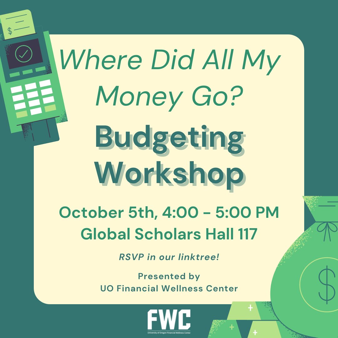 UOfinwellness's tweet photo. Join us on 10/5 @ 4-5 pm in GSH 117 for our first workshop of the term! We’ll be giving an introduction to financial wellness and budgeting to set you up for financial success. Come early as the first 10 people in attendance get a PRIZE! See you there! 🤑

Link in bio to RSVP. https://t.co/TZjpZApAtG