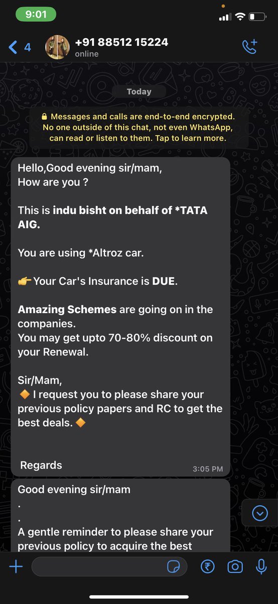 YourHR3's tweet photo. @TATAAIGIndia I have received a msg from the below number claiming to be an agent named Indu Bisht where she doesn’t have the etiquette of customer service Plz check the screenshot where she is forcing me to share my insurance copy and even asking me to shut up(1/1) https://t.co/oKMIyXXZR2