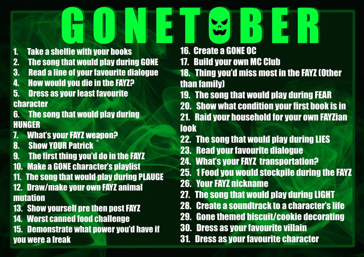 sebacting's tweet photo. Hi! Welcome to #GONETOBER!!
I've made a prompts list (with some help from the gone community!) of things to do in October!💚
I hope you'll join in and use: #gonetober #gonenotforgotten

Thanks to @swimmyri for coming up with the idea and letting me use it!
@GoneTheSeries https://t.co/KRqQ9AdfU0