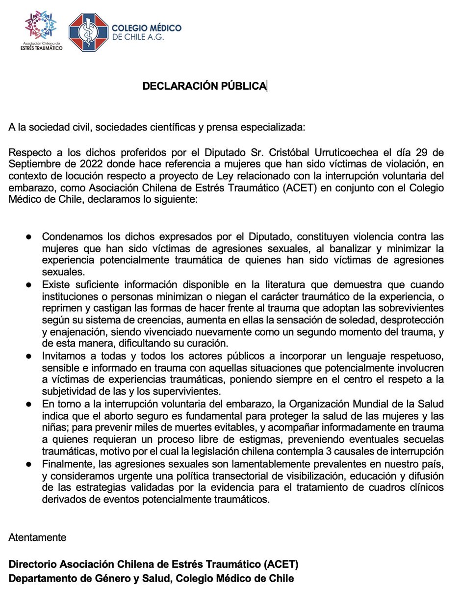 Declaración Pública ACET-COLMED por dichos de Dip. Urriticoechea acerca de mujeres expuestas a violación