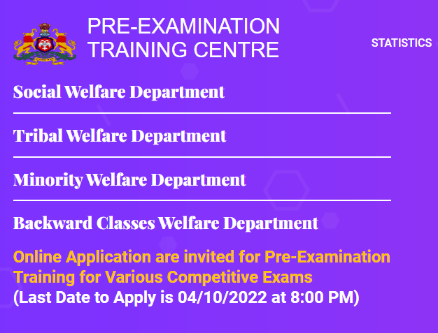 The last date to apply for Pre-Examination Training for Various competitive exams(IAS, KAS etc) has been extended till 04/10/2022
<a href="/Captain_Mani72/">Manivannan P 🇮🇳</a>

<a href="/DOMGOK/">Department of Minority Welfare, Govt of Karnataka</a>

<a href="/SWDGok/">ಸಮಾಜ ಕಲ್ಯಾಣ ಇಲಾಖೆ</a>

<a href="/BCWGOK/">Backward Class Welfare Dept, Govt of Karnataka.</a>

<a href="/CMofKarnataka/">CM of Karnataka</a>
