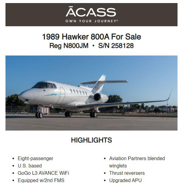 1989 #Hawker #800A available for sale at ACASS
Aviation Partners blended winglets
Upgraded APU
More details at: https://t.co/ettJLxDyzT
#bizav #aircraftforsale #privatejet #privateflying #jetforsale #businessaviation