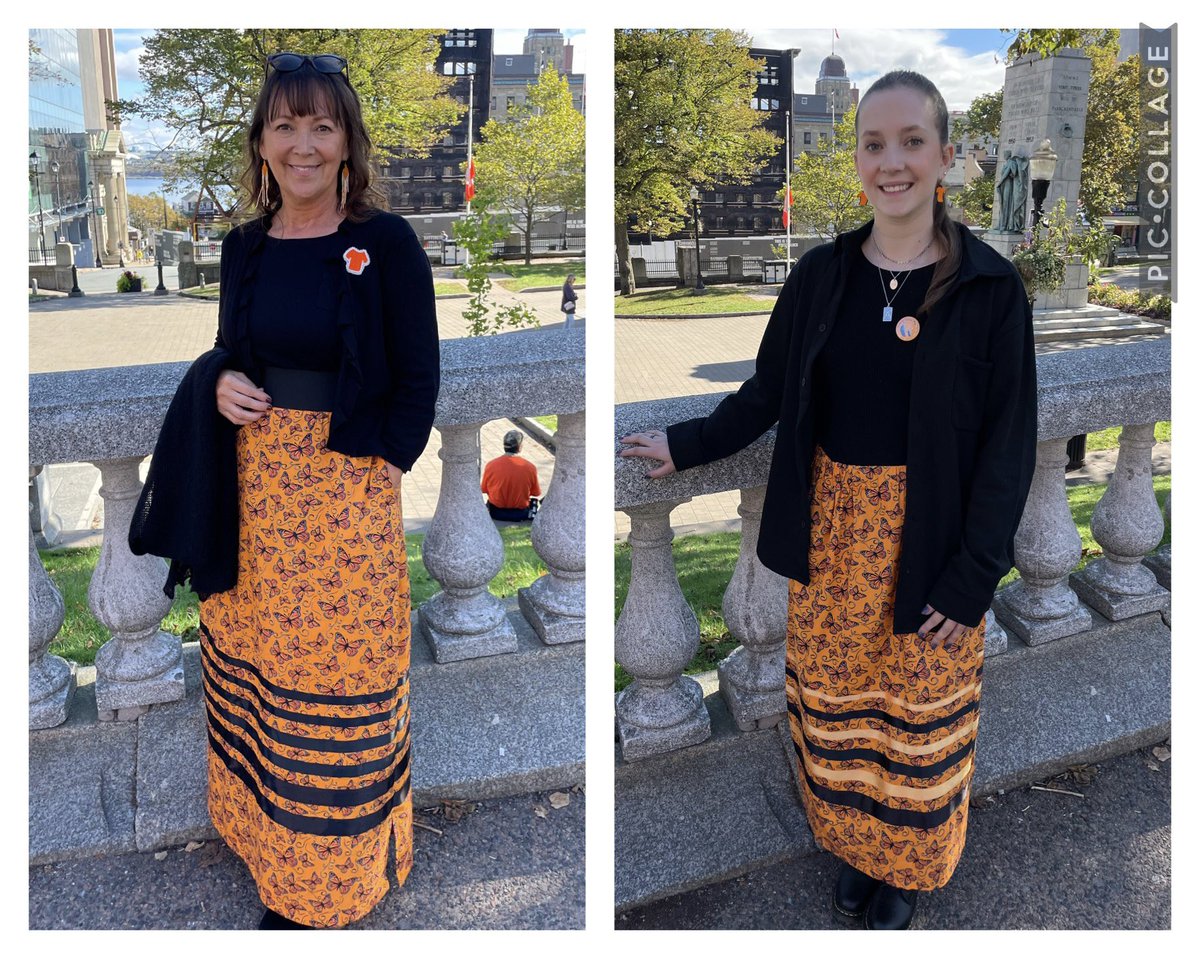 Finished my skirt at 1:30 a.m. Went to the flag raising at Halifax City Hall at 10 with nitanis (my daughter, Ella). I am the granddaughter of a residential school survivor, the daughter of a day school survivor and I endured 2 day schools myself. #EveryChildMatters #NDTR2022