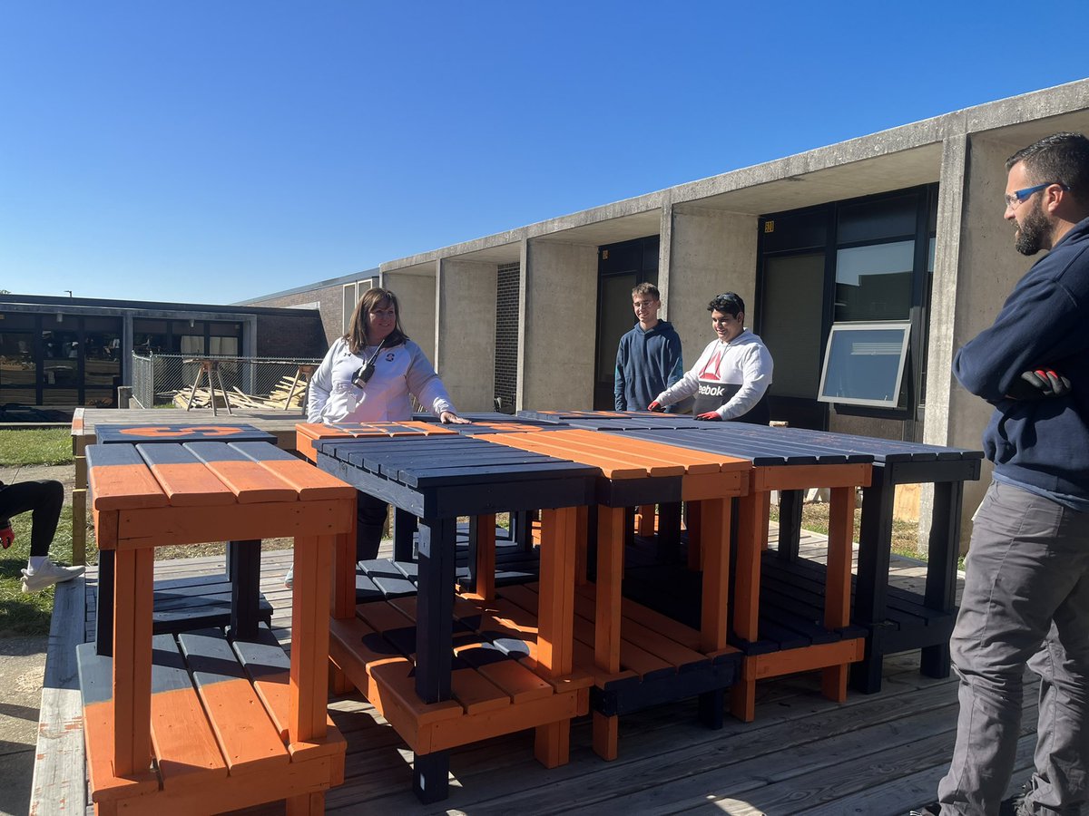 StaggMathConstr's tweet photo. Math in the Trades showing off their work on Water Tables for our athletic program.  Our AD, Ms Jen Doede visited today to pick her favorite tables.  Donuts to the winners! @StaggAthletics @AAStaggFootball @ericolsen00 @StaggSTEM @StaggHighSchool @StaggBoysSoccer https://t.co/g5L1S5wIVe